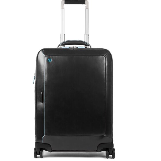 Piquadro Niebieski kwadratowy 4-kołowy skórzany wózek kabinowy z przegrodą na laptopa 55 cm